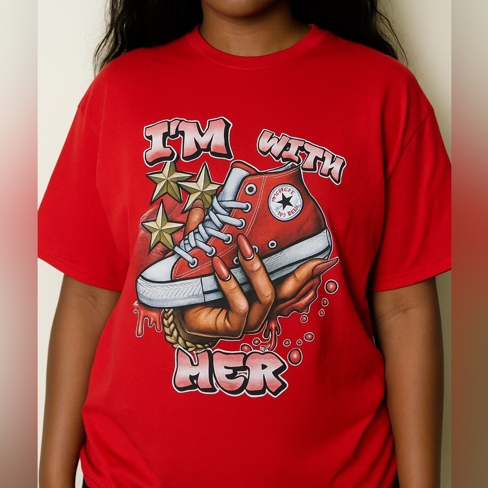 🧨 5/$25 Red Graphic Sneaker Tshirt I’m With Her - Picture 1 of 5